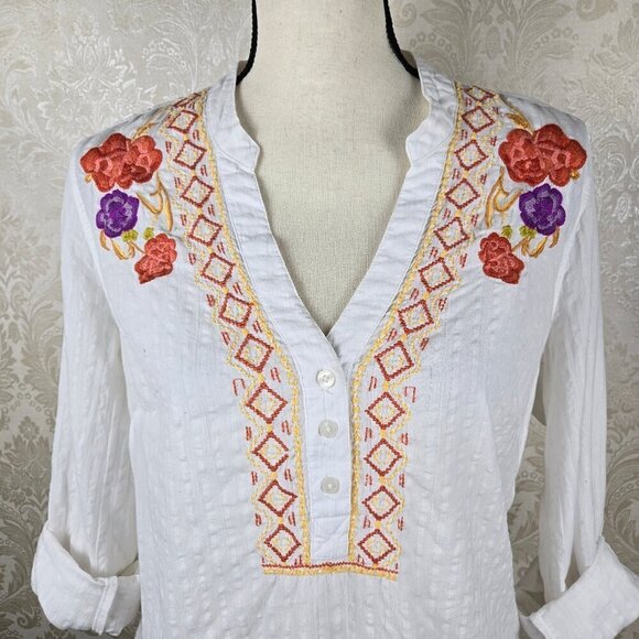 Style & Co Size Small White Cotton Tunic Embroidered Floral Roll Tab Sleeves - Picture 3 of 12